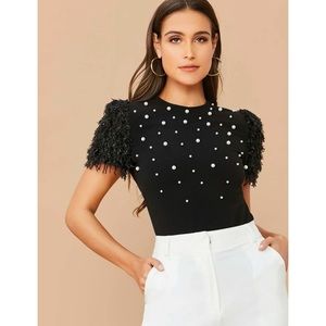 Black Fuzzy Sleeve Pearl Beaded Top